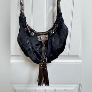 Rafe New York Black Satin Hobo Bag with Brown Leather Trim. 12 by 9 by 1